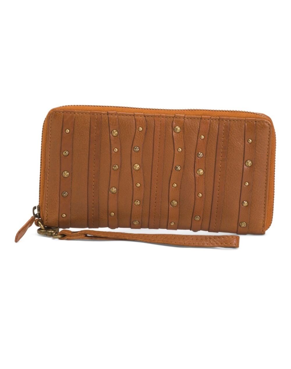 Vilenca Holland Large Zip Around Wallet Wristlet Studded Cognac Leather NEW